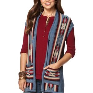 NWOT CHAPS Ralph Lauren Cardigan Sweater Vest 2X Aztec Open Blue Sleeveless 2Pkt